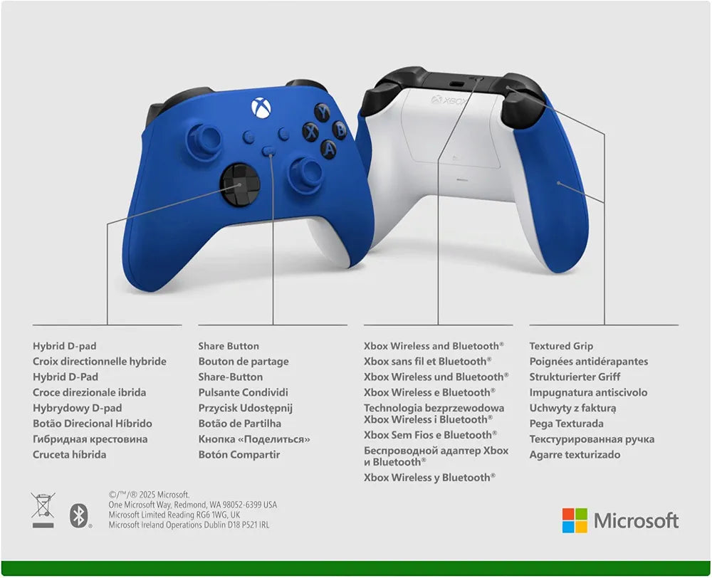 Xbox Wireless Controller Shock Blue with Hybrid D-Pad, Share Button, 3.5mm Audio Jack, USB-C Connectivity for Xbox Series X|S, Xbox One, and PC